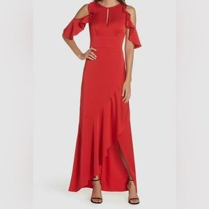 Monique Lhuillier Red Ruffle Off the Shoulder Formal Gown, size 6